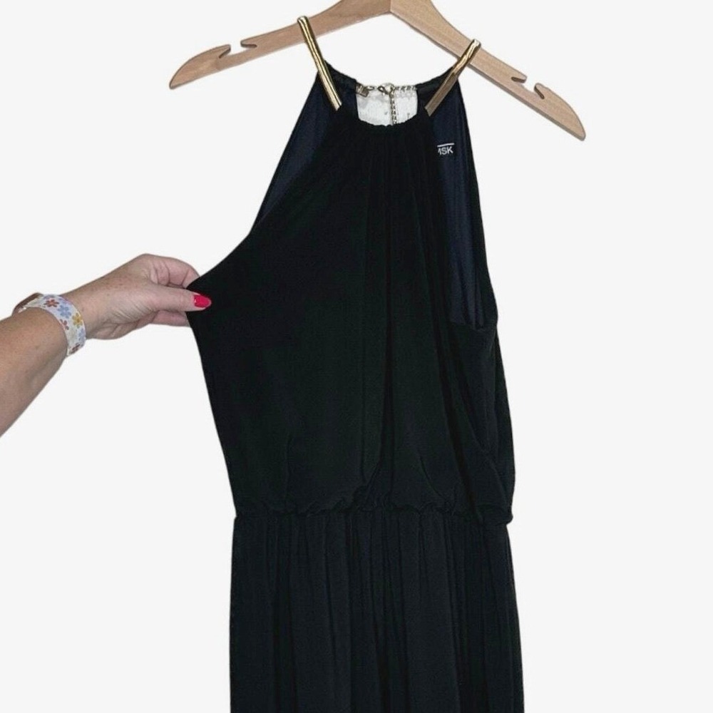 MSK Maxi Dress L Black Halter Gold Hardware Jersey Knit Sleeveless Cocktail